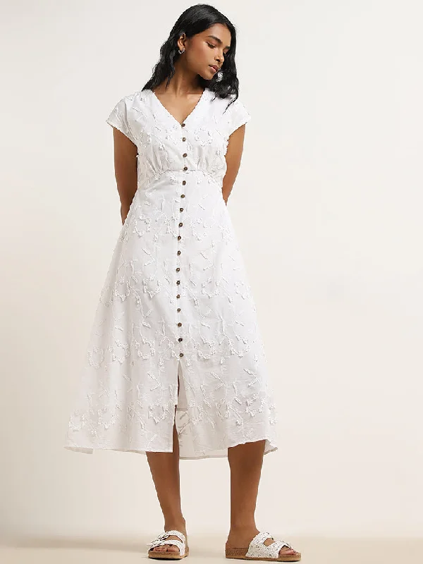 LOV White Floral Embroidered A-Line Cotton Dress