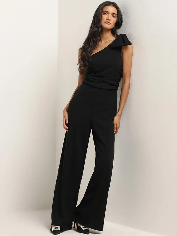 Wardrobe Black Bow Applique One-Shoulder Jumpsuit