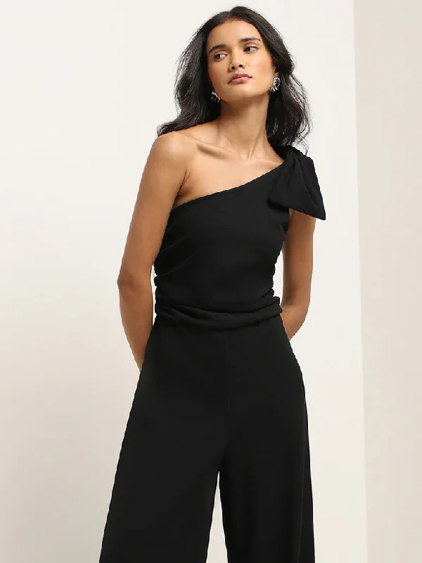 Wardrobe Black Bow Applique One-Shoulder Jumpsuit