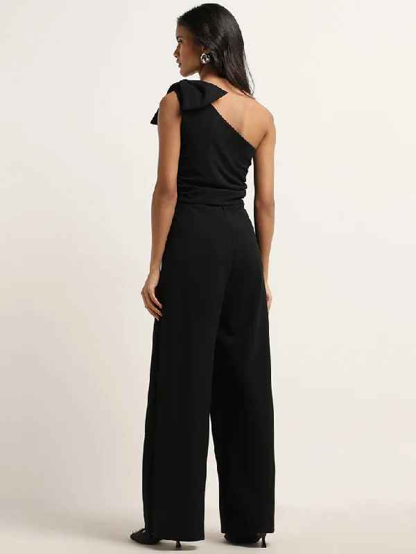 Wardrobe Black Bow Applique One-Shoulder Jumpsuit