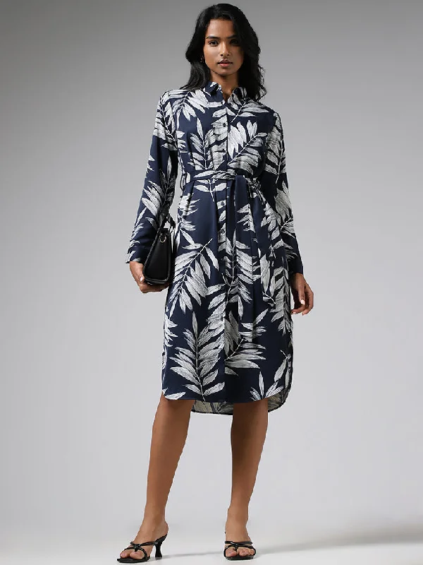 Wardrobe Navy Leaf Printed Shirt Dress with Belt