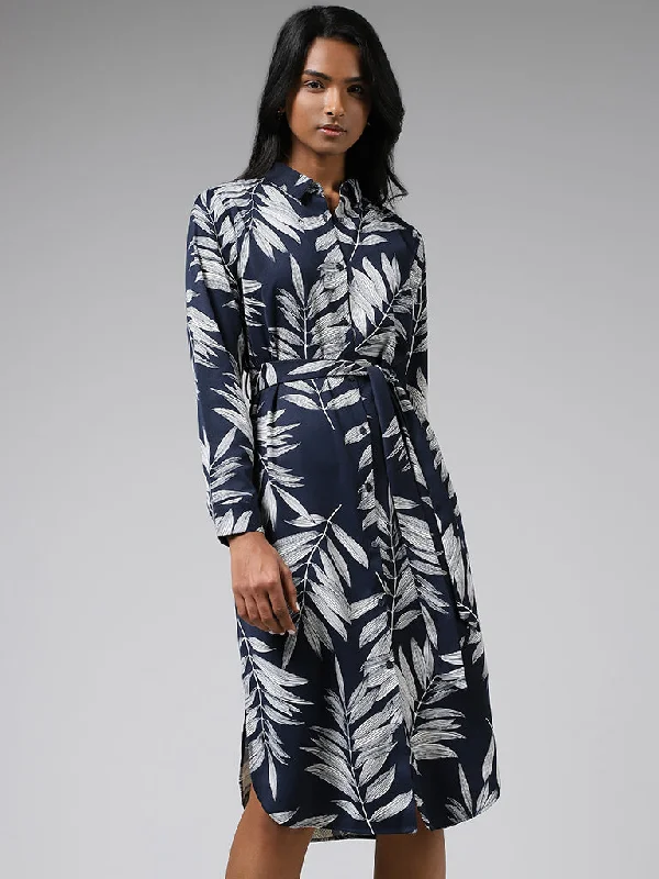 Wardrobe Navy Leaf Printed Shirt Dress with Belt