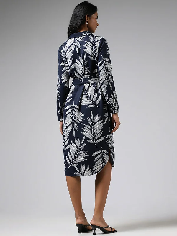 Wardrobe Navy Leaf Printed Shirt Dress with Belt